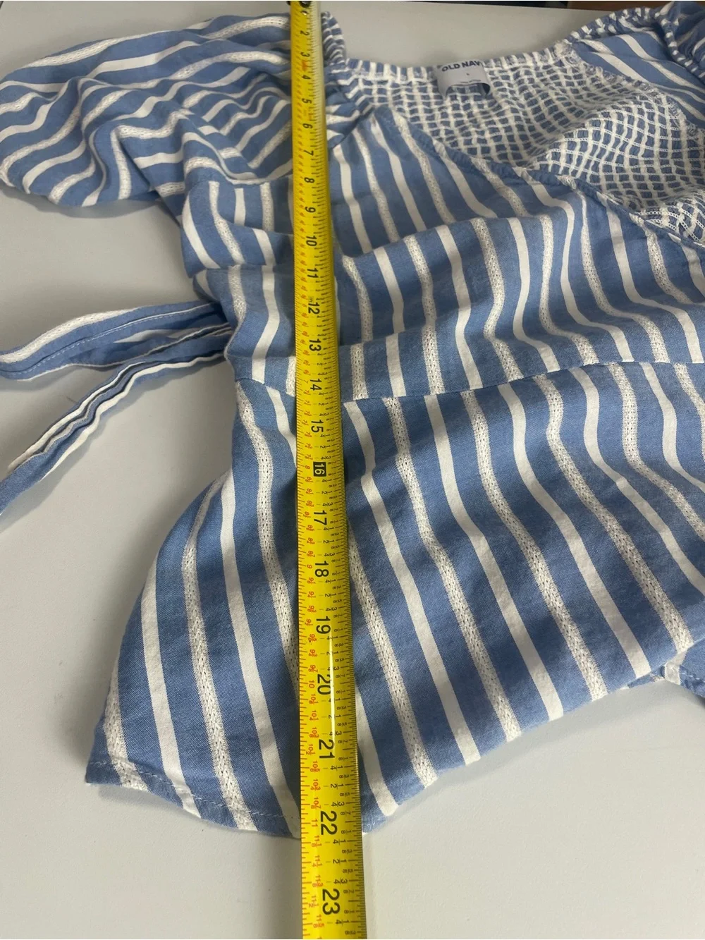 Old Navy Blue and White Striped Wrap Puff Sleeve Top